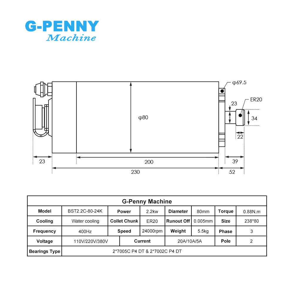 G-페니 2.2kW ER20 CNC 수냉식 스핀들 키트 - 2.2Kw Water Cooled Spindle Kit Vfd 리뷰 및 가격